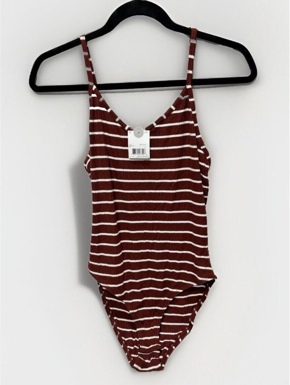 Strapped V-Neck Scoop One Piece Cheeky Burnt brown Striped Bodysuit, New Size M